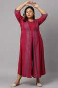 W for Woman Plus Size Dark Pink Mock Layer Embellished Liva Eco Kimono Jumpsuit | Grocsy