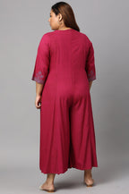 W for Woman Plus Size Dark Pink Mock Layer Embellished Liva Eco Kimono Jumpsuit | Grocsy