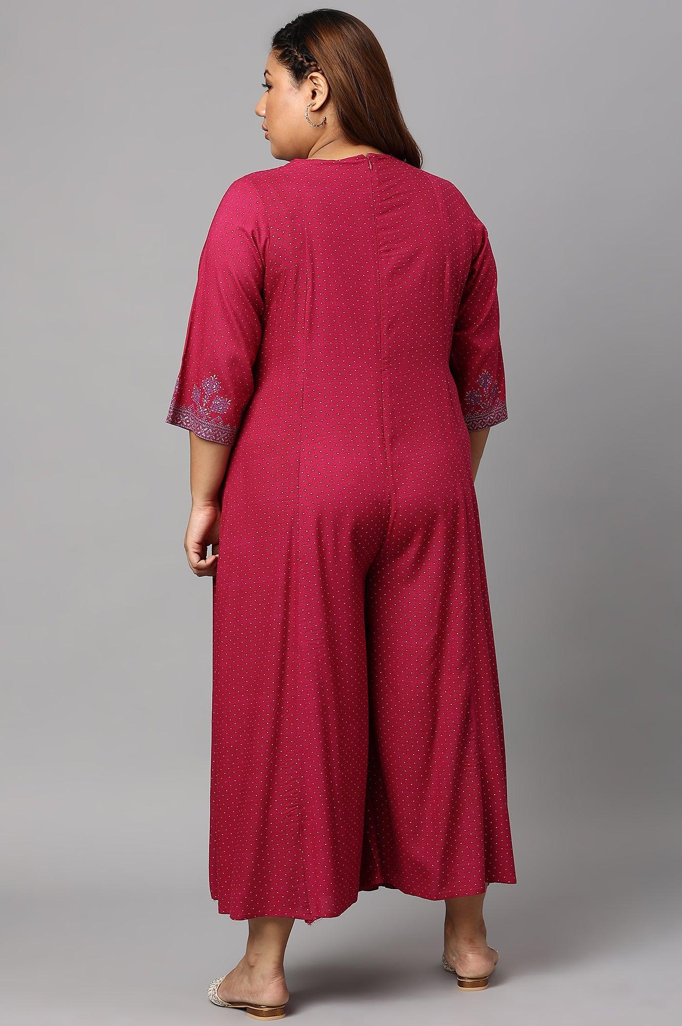 W for Woman Plus Size Dark Pink Mock Layer Embellished Liva Eco Kimono Jumpsuit | Grocsy