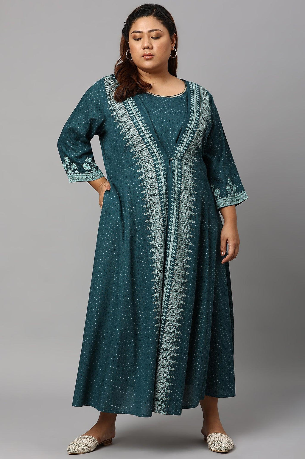 W for Woman Plus Size Teal Mock Layered Liva Eco Kimono Jumpsuit | Grocsy