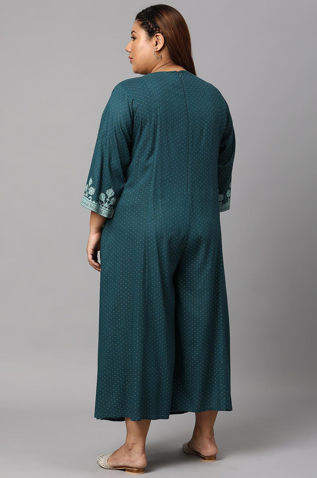 W for Woman Plus Size Teal Mock Layered Liva Eco Kimono Jumpsuit | Grocsy