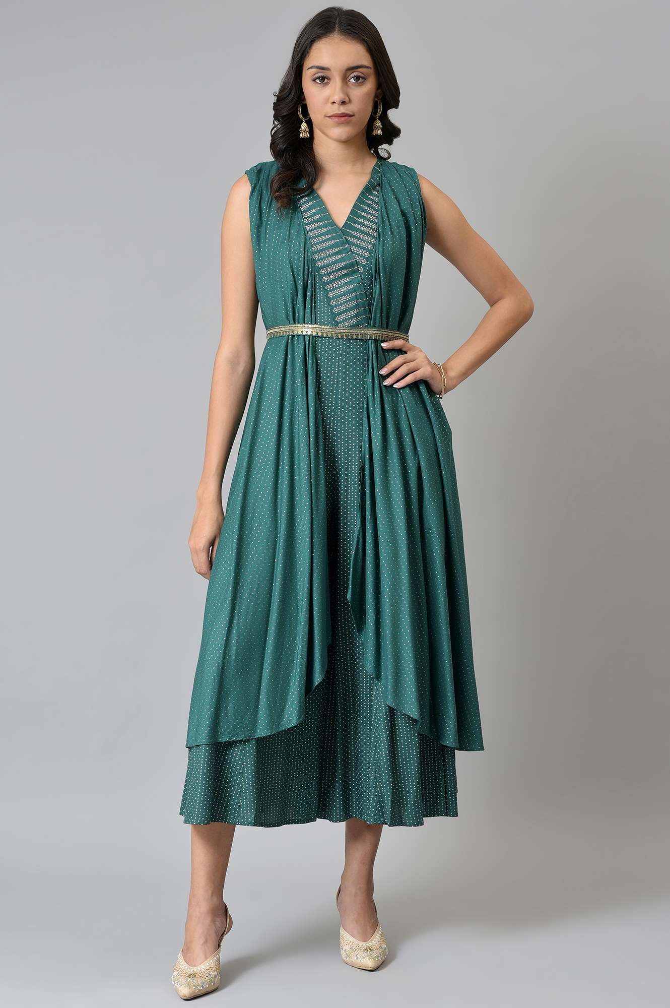 W for Woman Green Gillet Kimono Jumpsuit With Embellished Belt | Grocsy