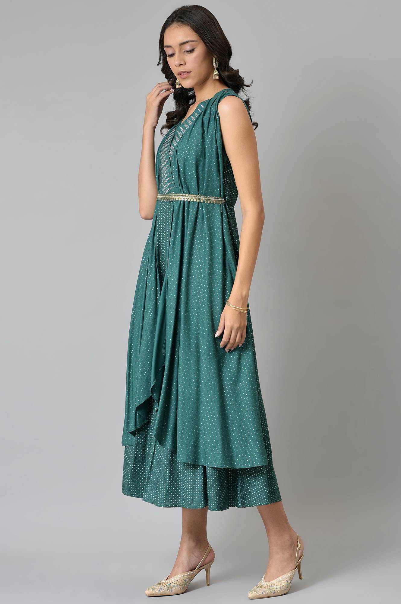 W for Woman Green Gillet Kimono Jumpsuit With Embellished Belt | Grocsy