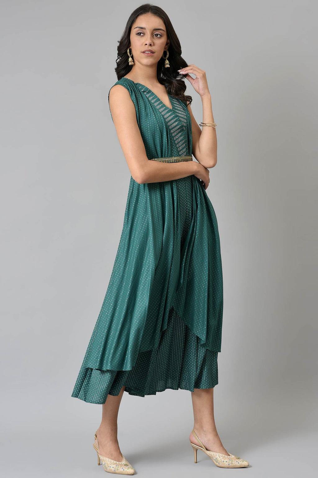W for Woman Green Gillet Kimono Jumpsuit With Embellished Belt | Grocsy