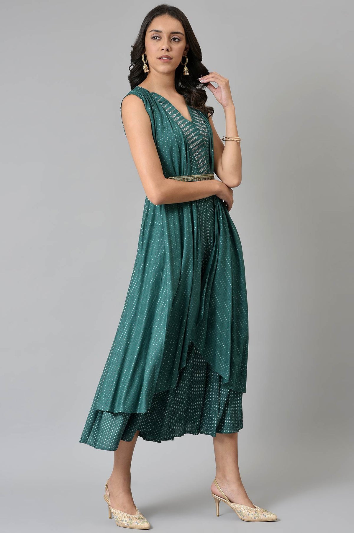 W for Woman Green Gillet Kimono Jumpsuit With Embellished Belt | Grocsy