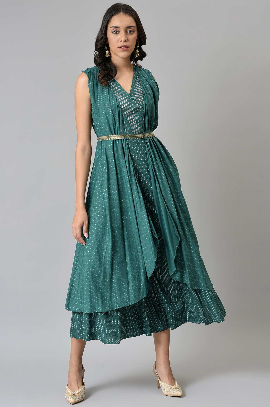 W for Woman Green Gillet Kimono Jumpsuit With Embellished Belt | Grocsy