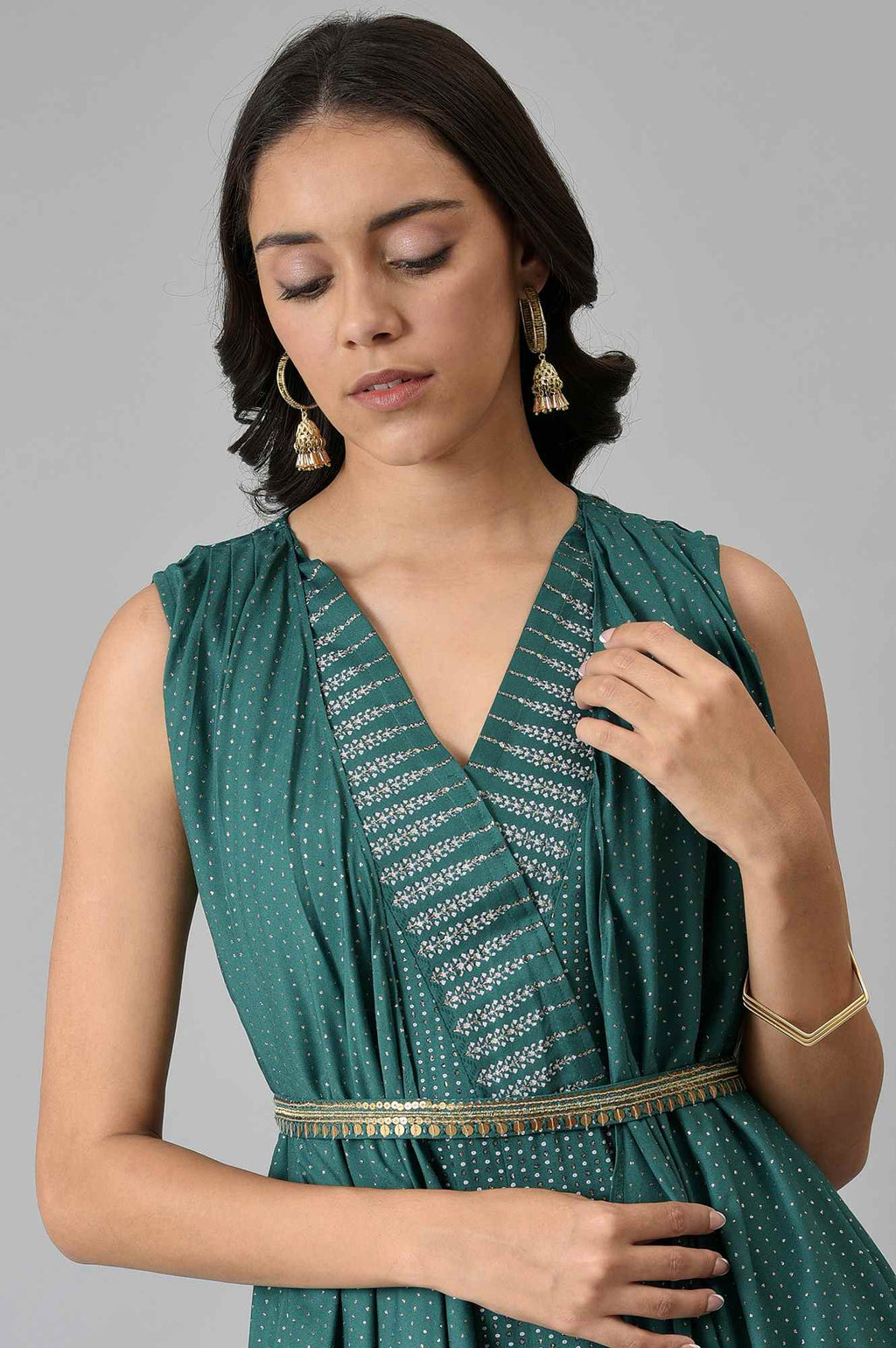 W for Woman Green Gillet Kimono Jumpsuit With Embellished Belt | Grocsy