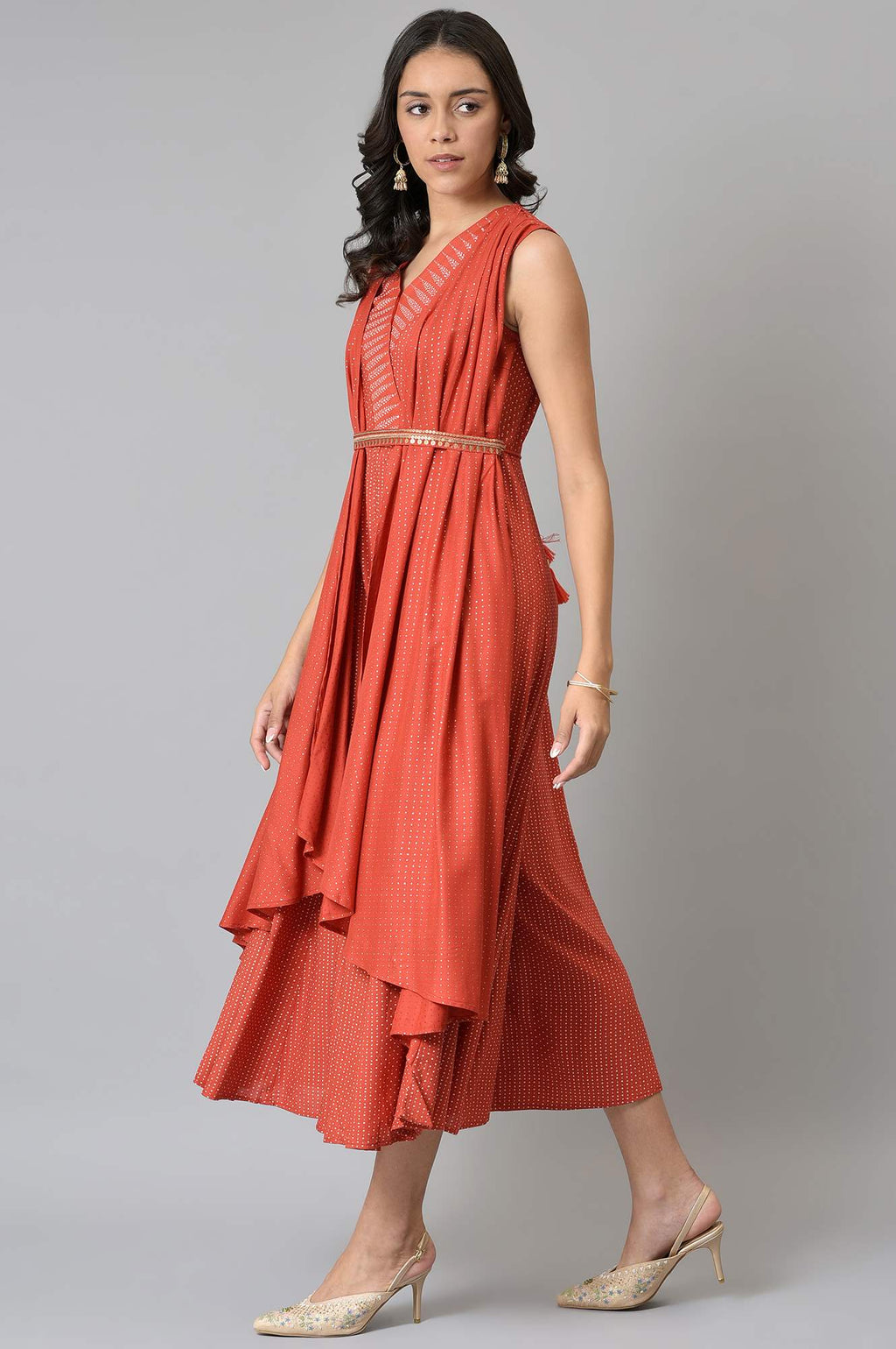 W for Woman Red Gillet Kimono Jumpsuit With Embellished Belt | Grocsy