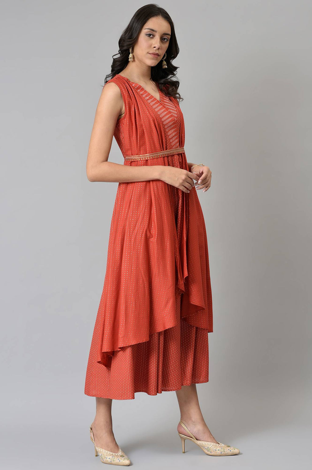 W for Woman Red Gillet Kimono Jumpsuit With Embellished Belt | Grocsy