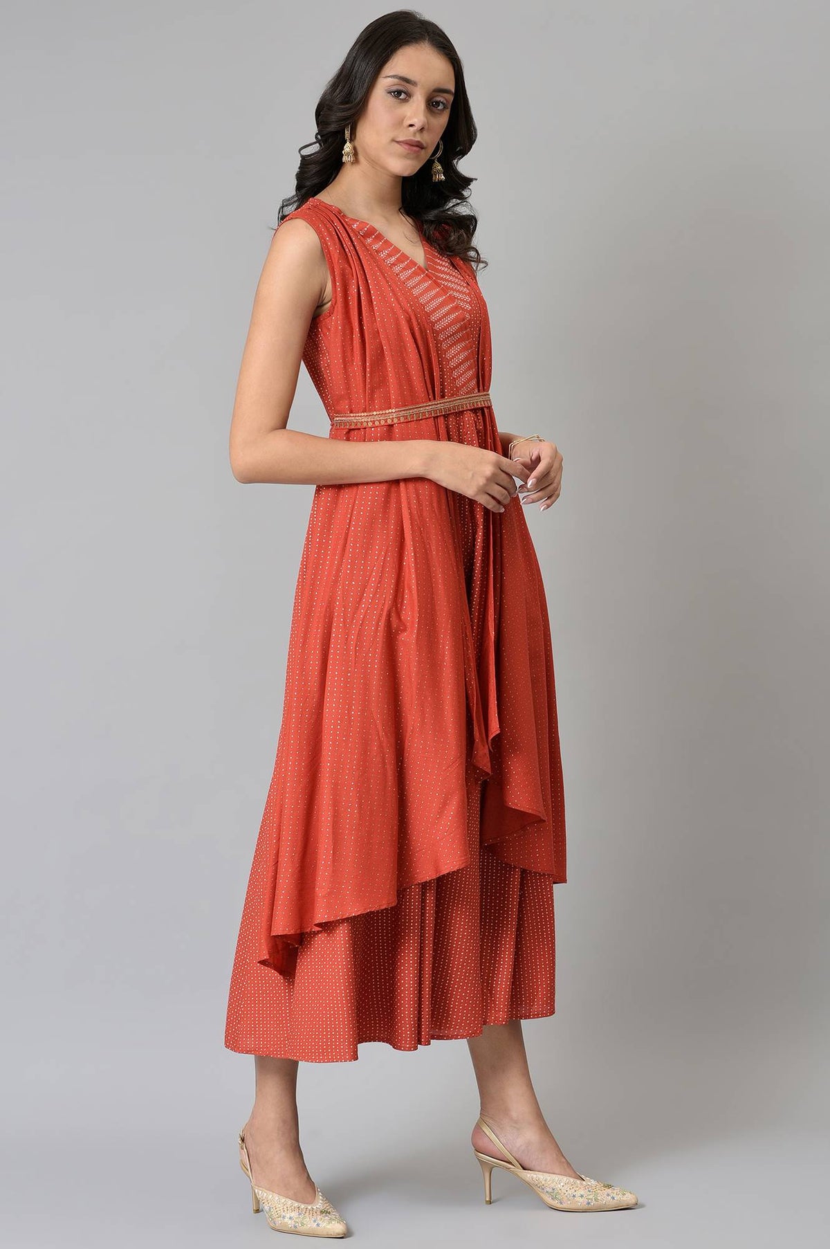 W for Woman Red Gillet Kimono Jumpsuit With Embellished Belt | Grocsy