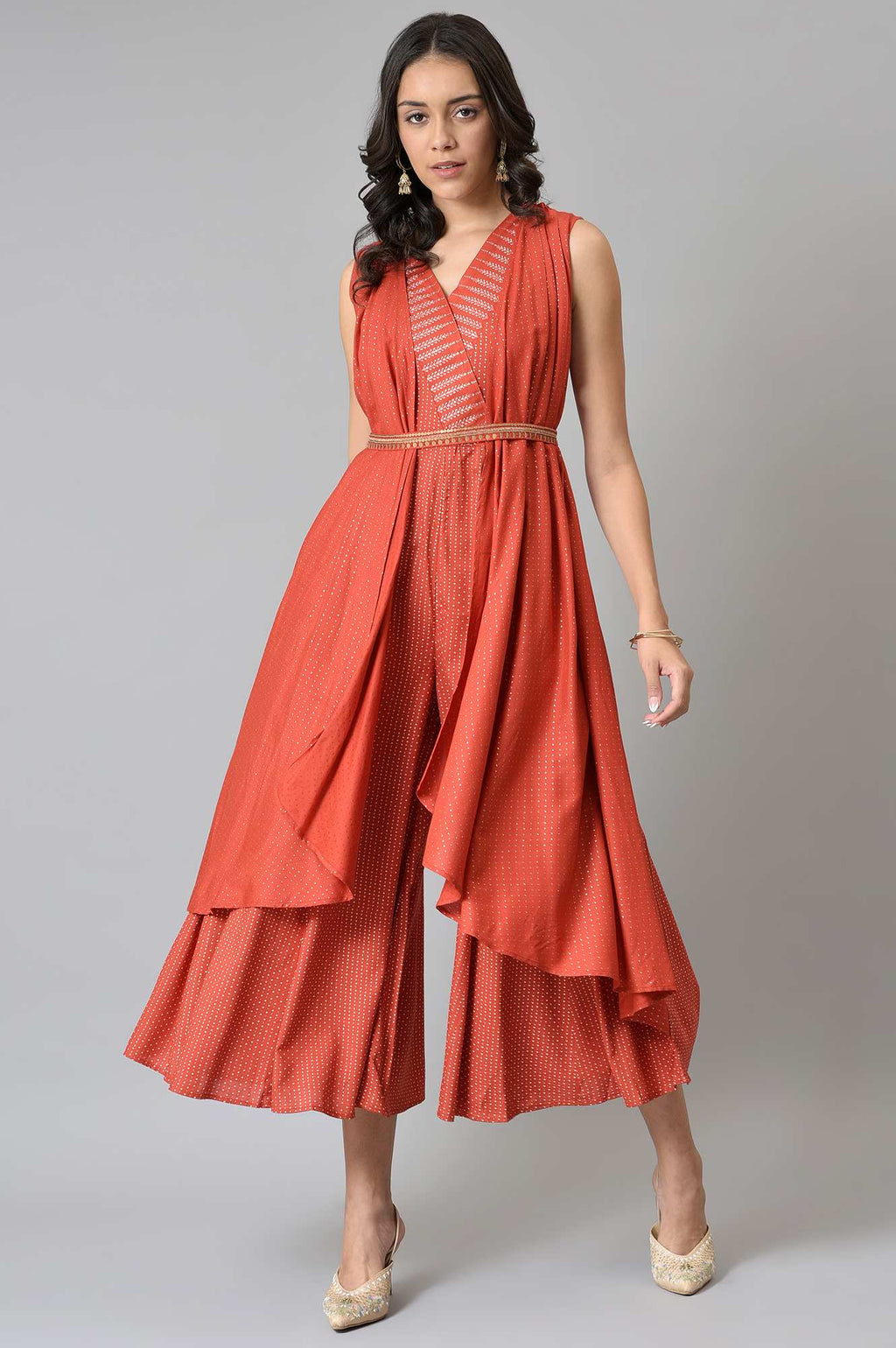 W for Woman Red Gillet Kimono Jumpsuit With Embellished Belt | Grocsy