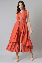 W for Woman Red Gillet Kimono Jumpsuit With Embellished Belt | Grocsy