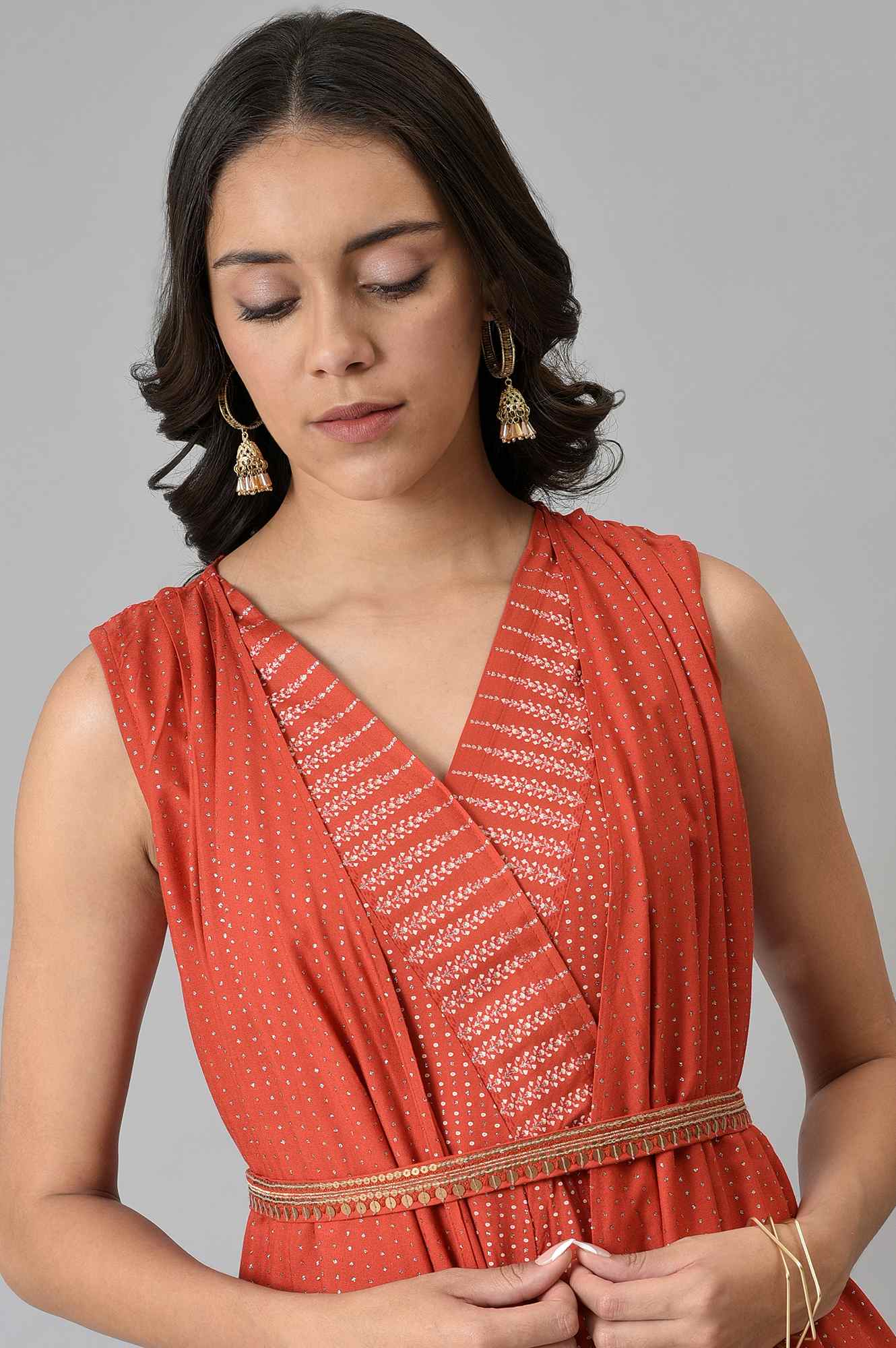 W for Woman Red Gillet Kimono Jumpsuit With Embellished Belt | Grocsy