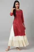 W for Woman Maroon Festive kurta With Embroidered Neck | Grocsy