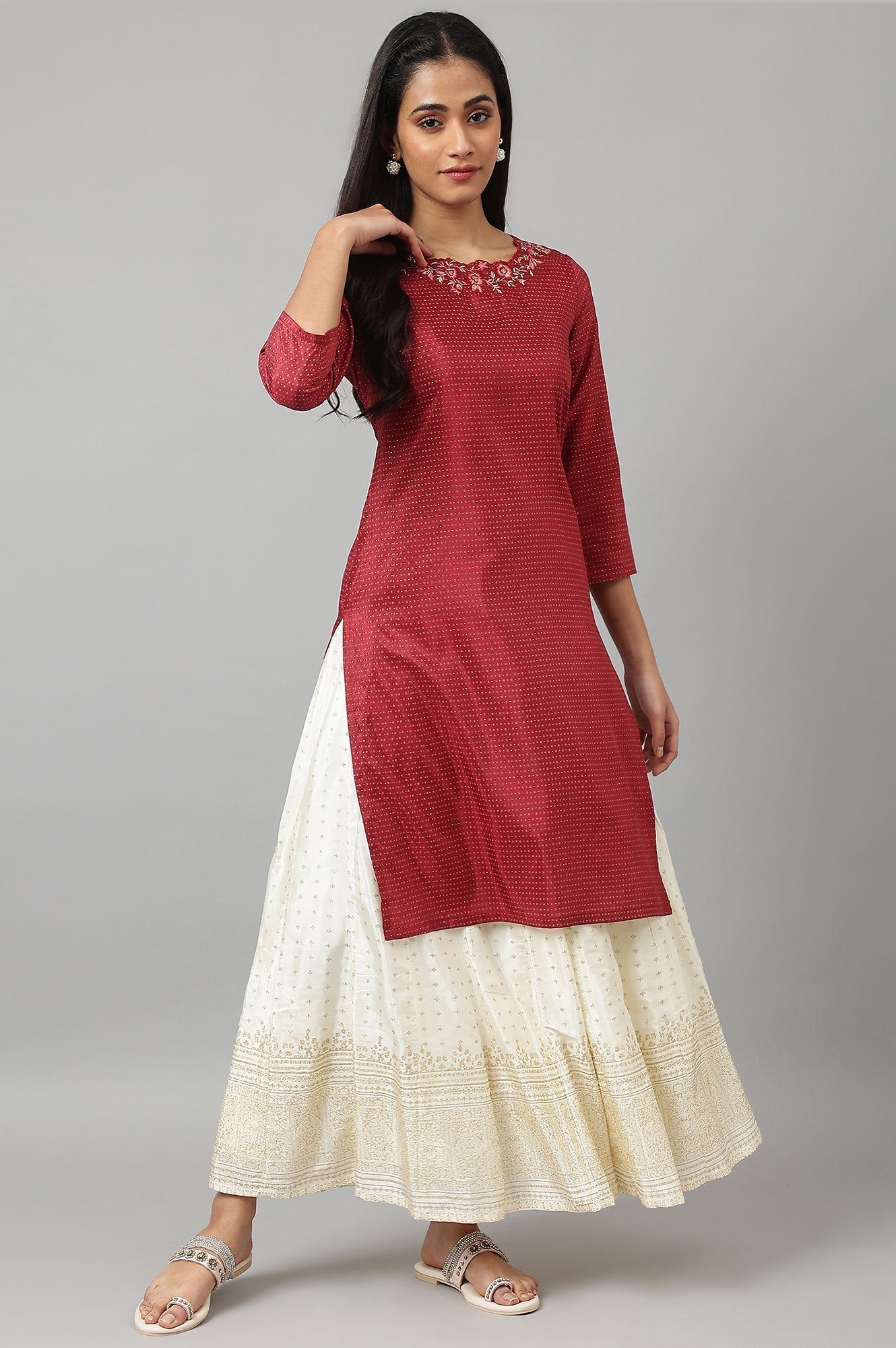 W for Woman Maroon Festive kurta With Embroidered Neck | Grocsy
