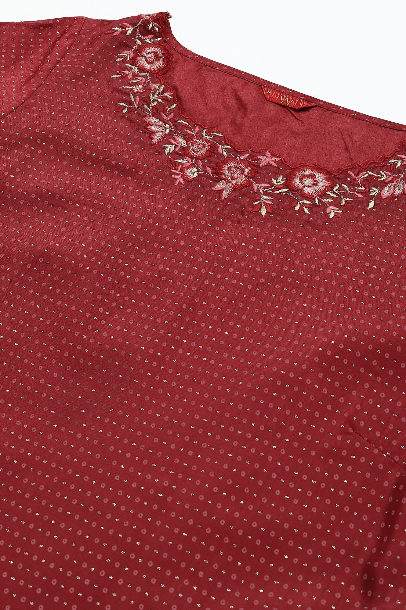 W for Woman Maroon Festive kurta With Embroidered Neck | Grocsy