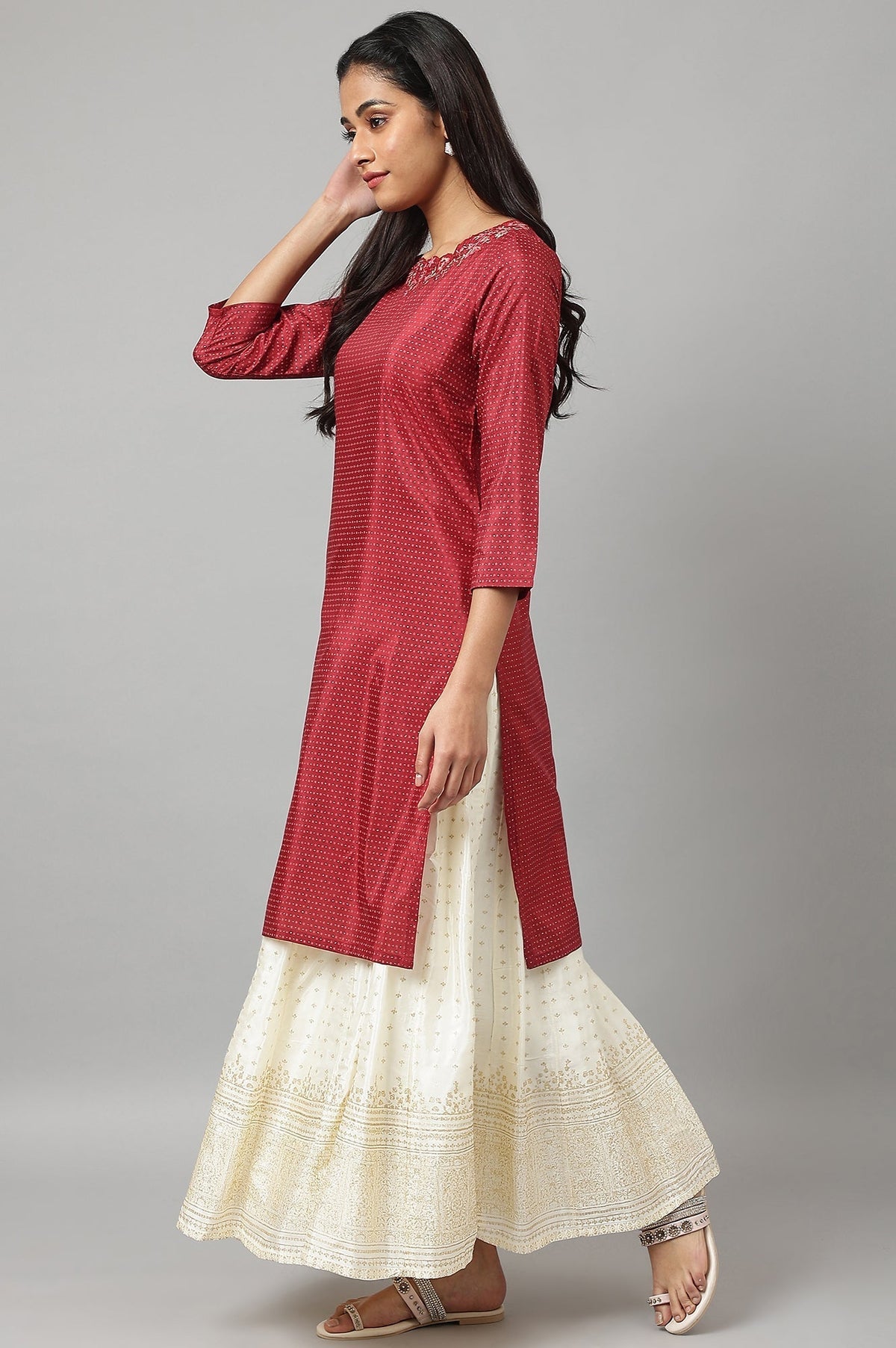 W for Woman Maroon Festive kurta With Embroidered Neck | Grocsy