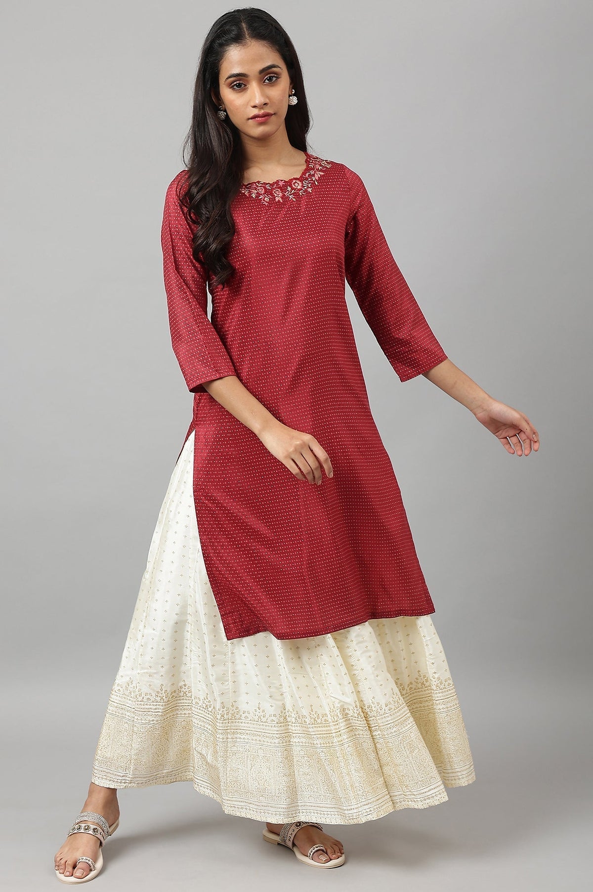 W for Woman Maroon Festive kurta With Embroidered Neck | Grocsy