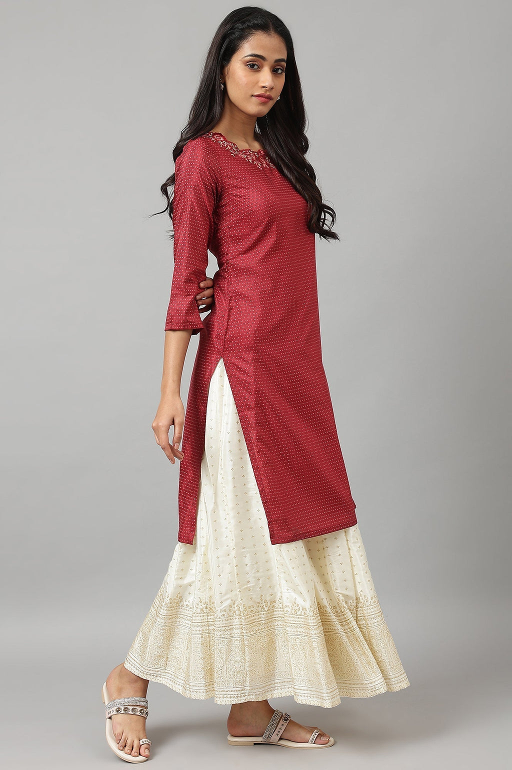 W for Woman Maroon Festive kurta With Embroidered Neck | Grocsy