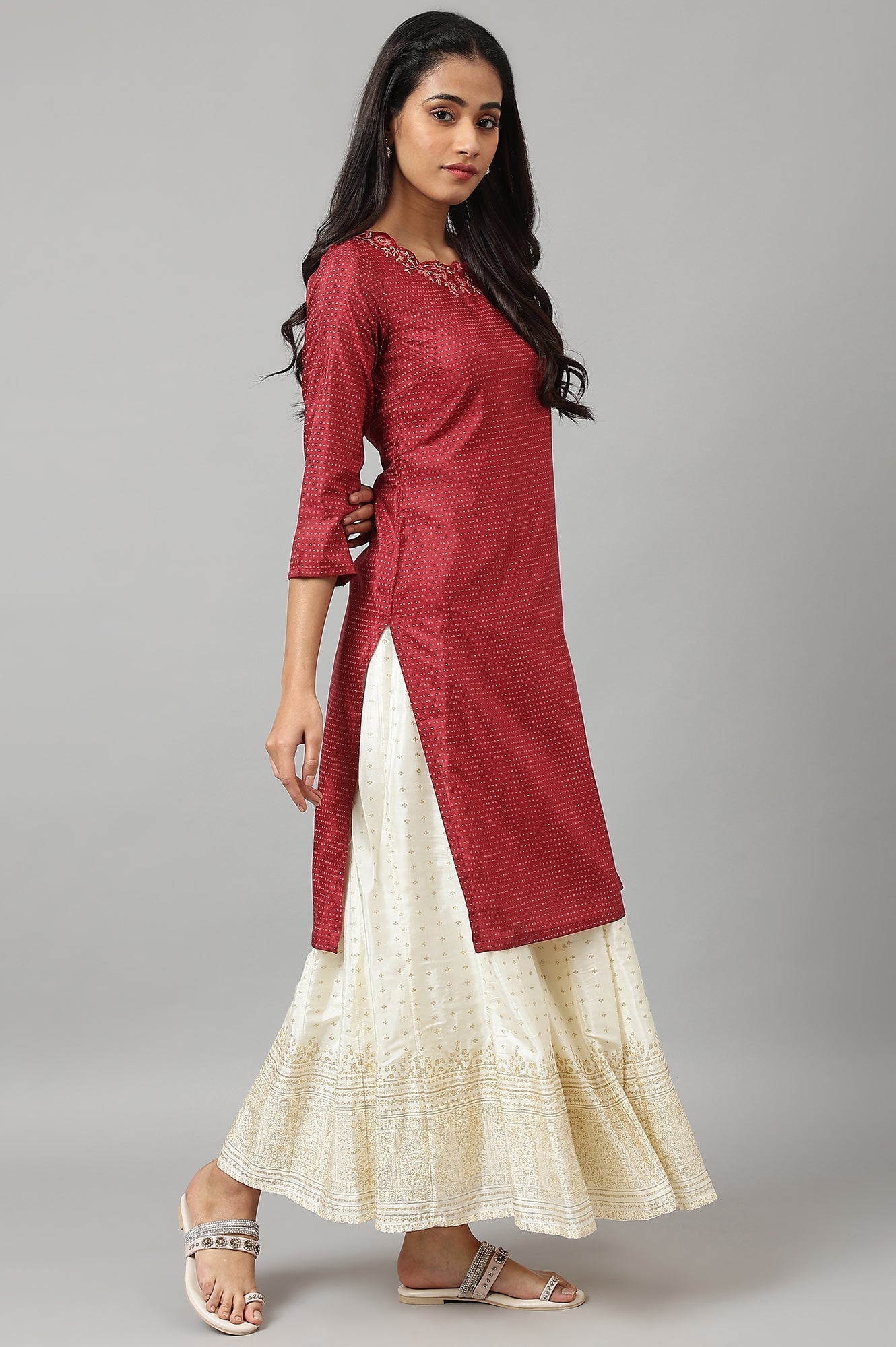 W for Woman Maroon Festive kurta With Embroidered Neck | Grocsy