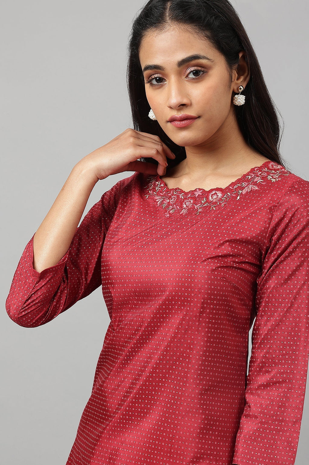 W for Woman Maroon Festive kurta With Embroidered Neck | Grocsy