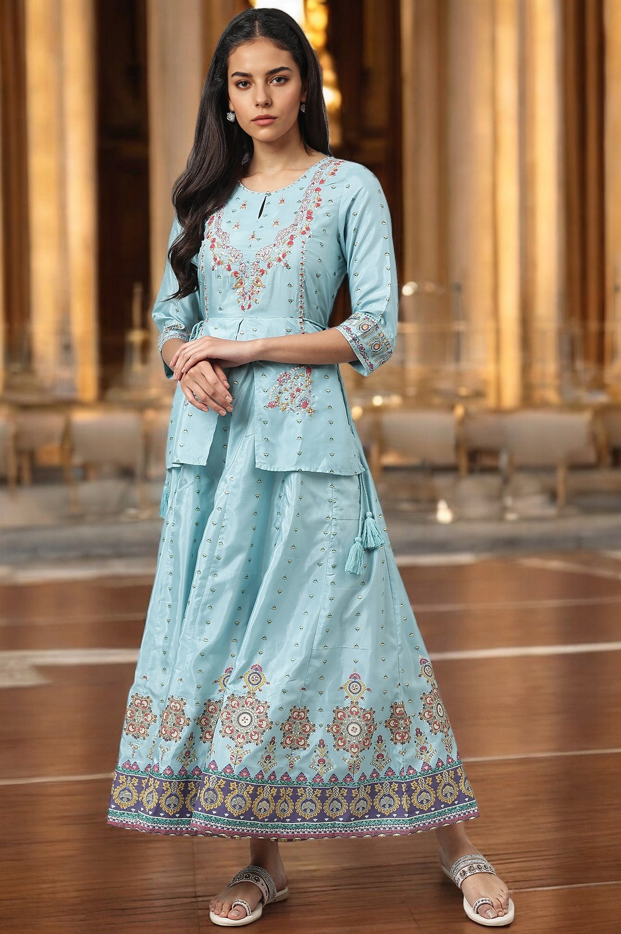 W for Woman Light Blue Attached Dress With Embroidery | Grocsy