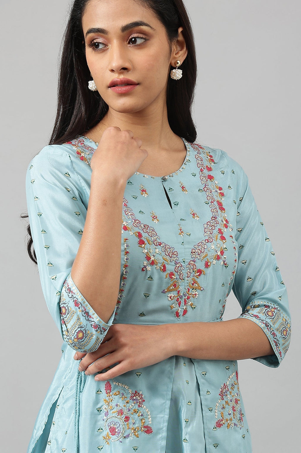 W for Woman Light Blue Attached Dress With Embroidery | Grocsy