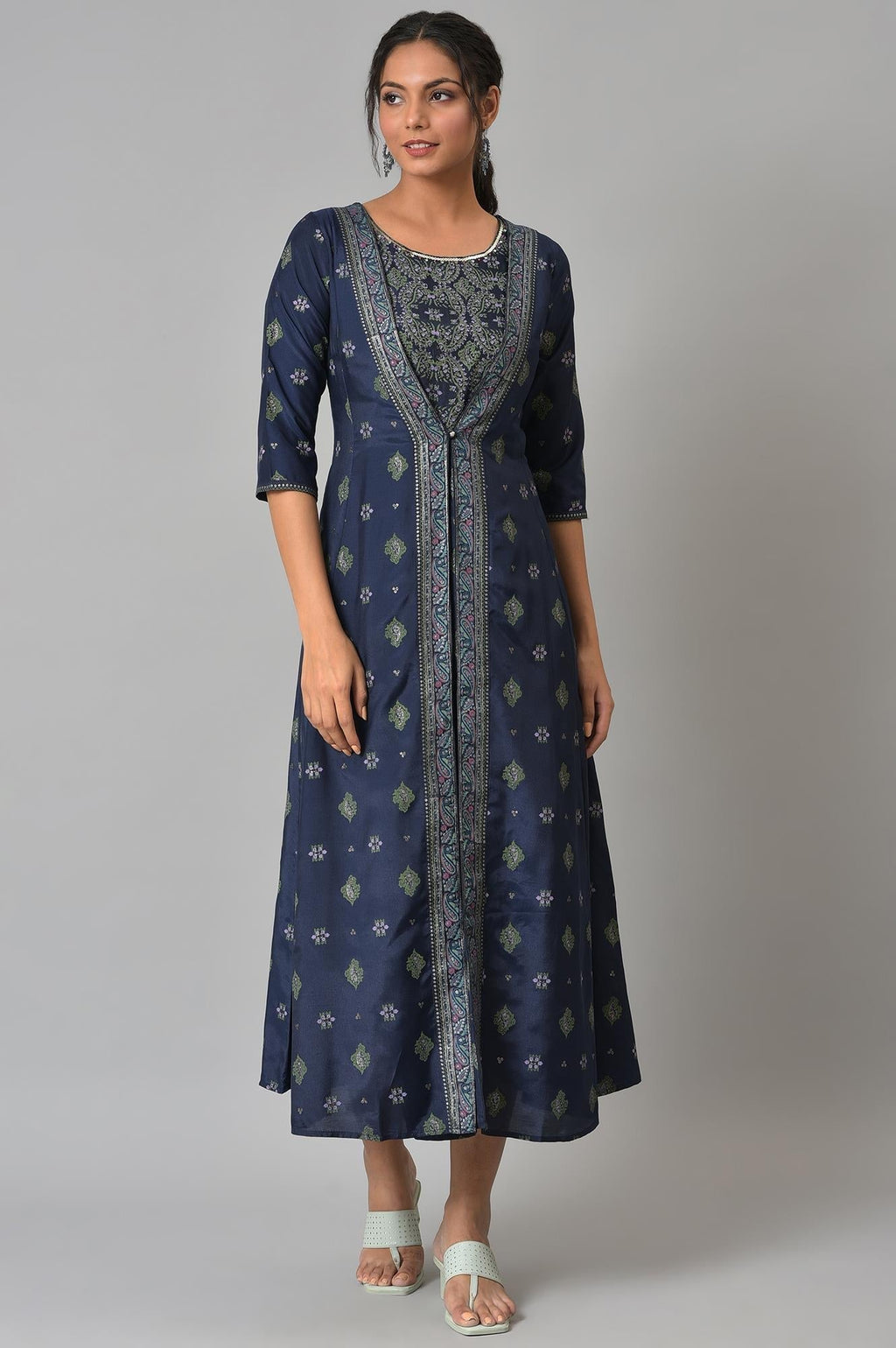 W for Woman Navy Bue Mock Layered Kimono Jumpsuit | Grocsy