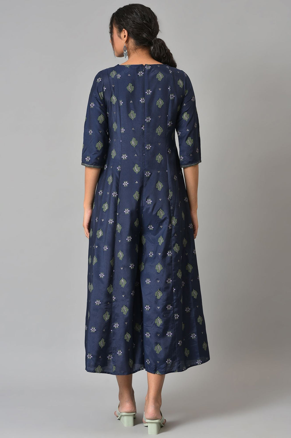 W for Woman Navy Bue Mock Layered Kimono Jumpsuit | Grocsy