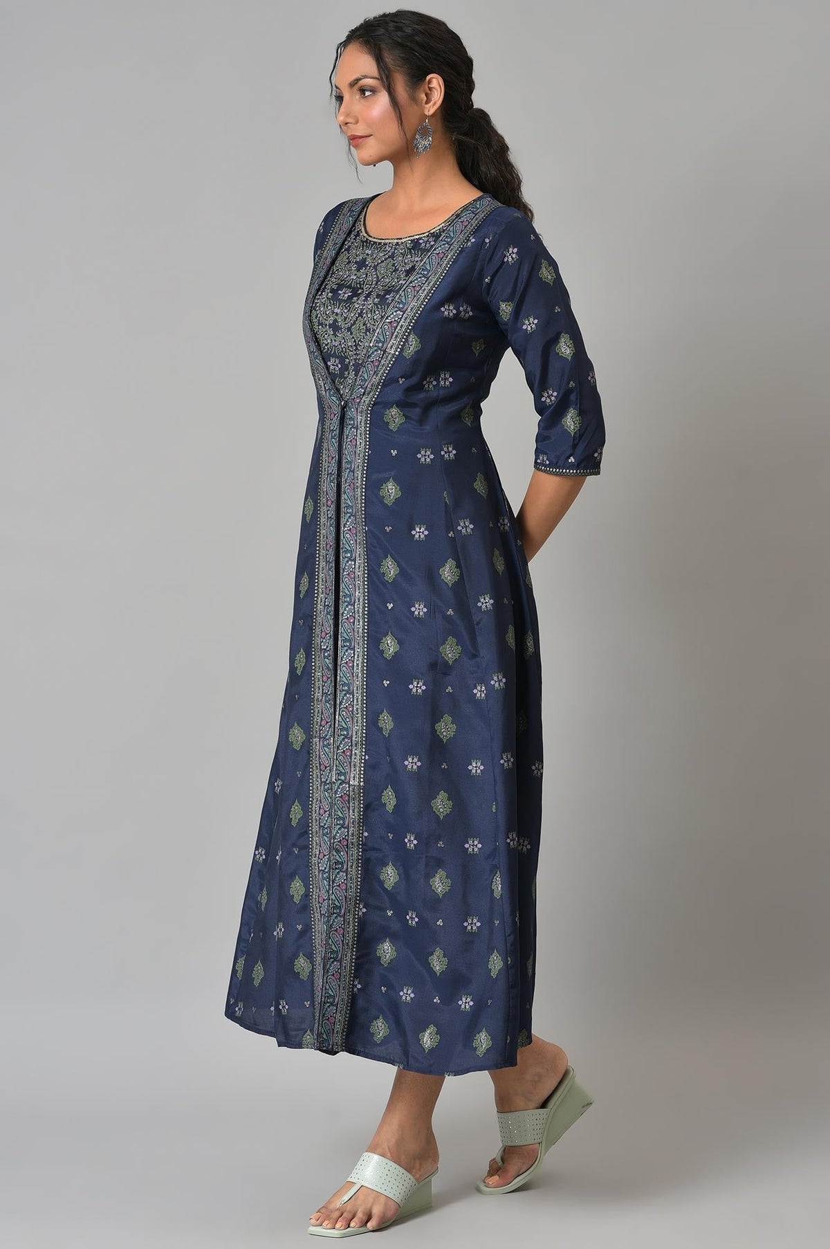 W for Woman Navy Bue Mock Layered Kimono Jumpsuit | Grocsy