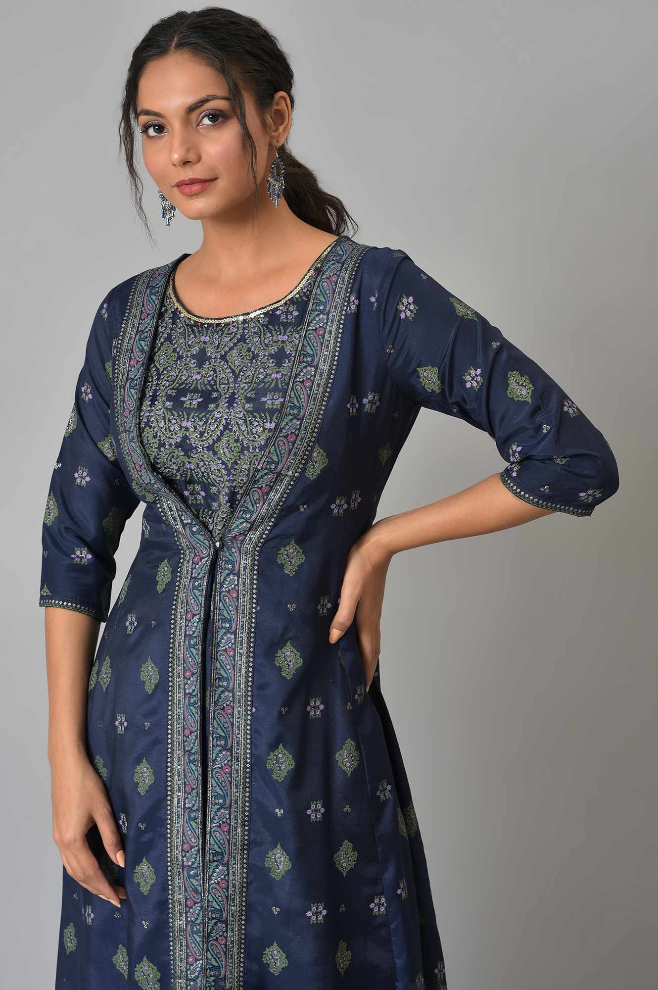 W for Woman Navy Bue Mock Layered Kimono Jumpsuit | Grocsy