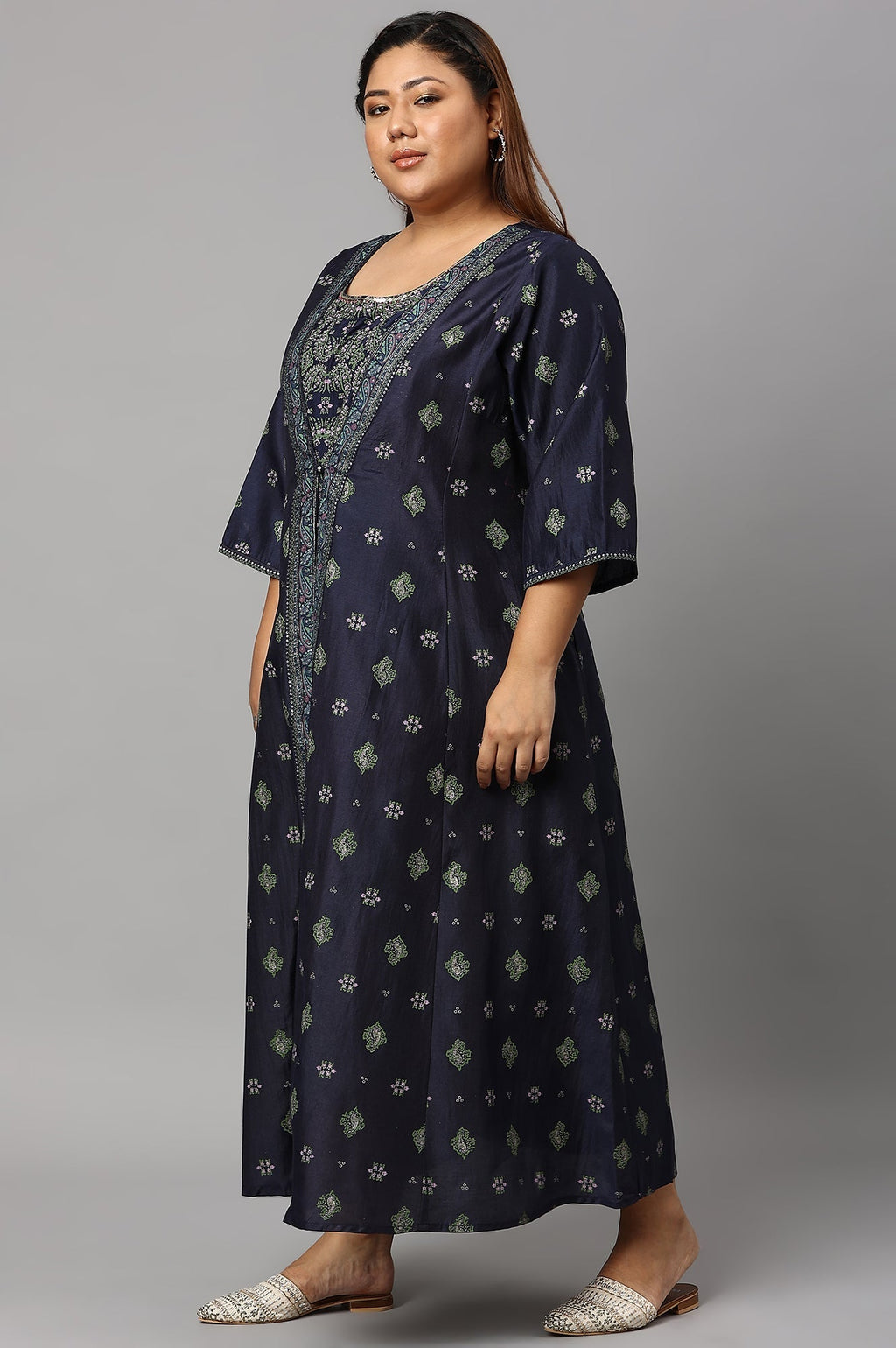 W for Woman Navy Bue Mock Layered Kimono Plus Size Jumpsuit | Grocsy