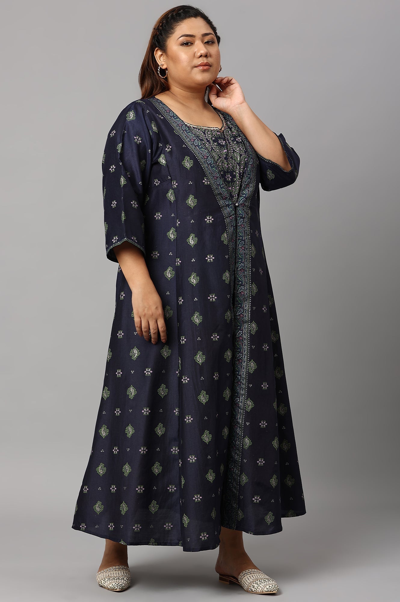 W for Woman Navy Bue Mock Layered Kimono Plus Size Jumpsuit | Grocsy