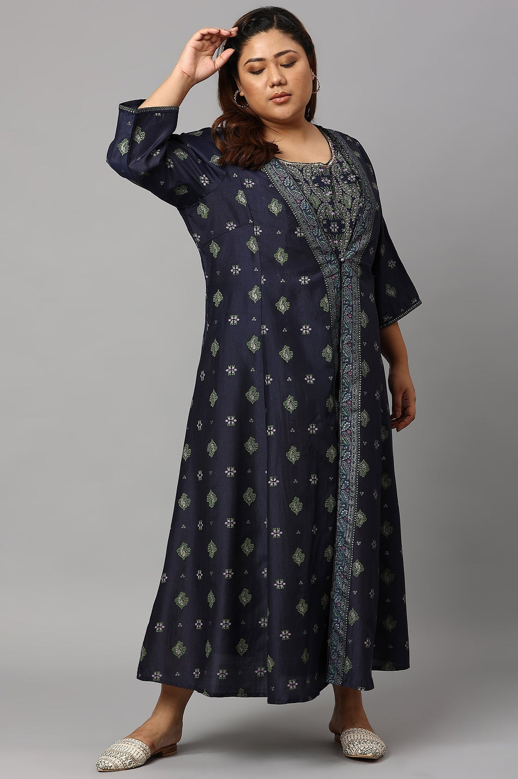 W for Woman Navy Bue Mock Layered Kimono Plus Size Jumpsuit | Grocsy