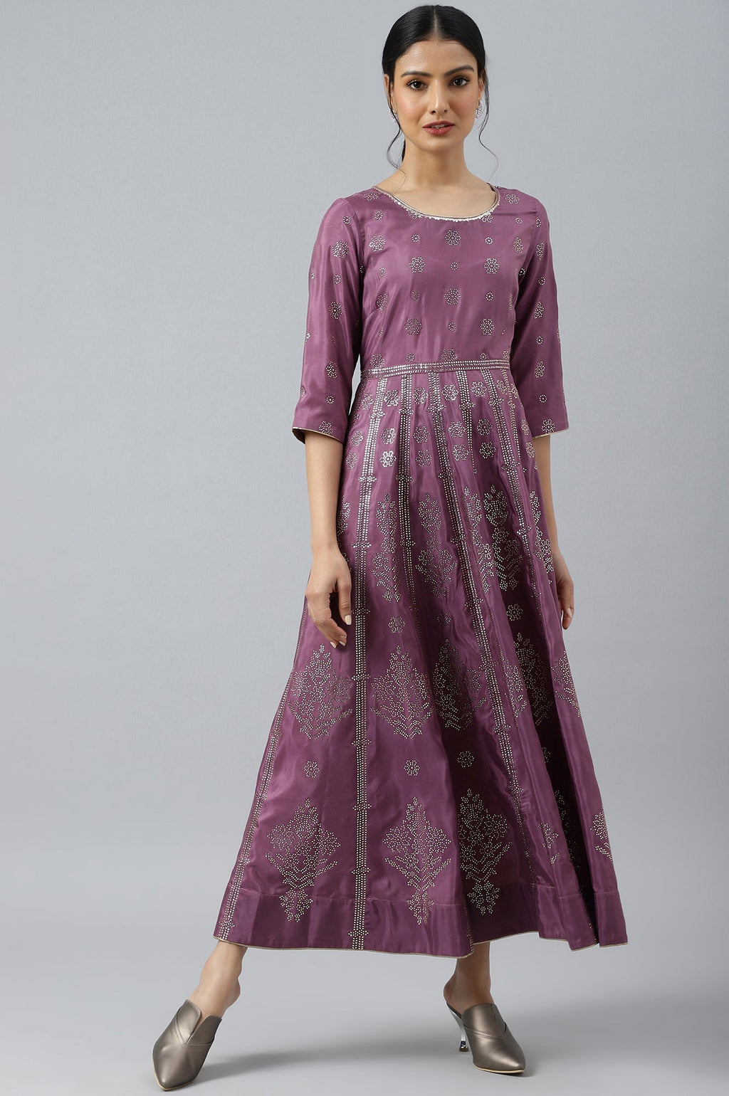W for Woman Purple Panelled Kalidar Ethnic Dress With Sequin | Grocsy