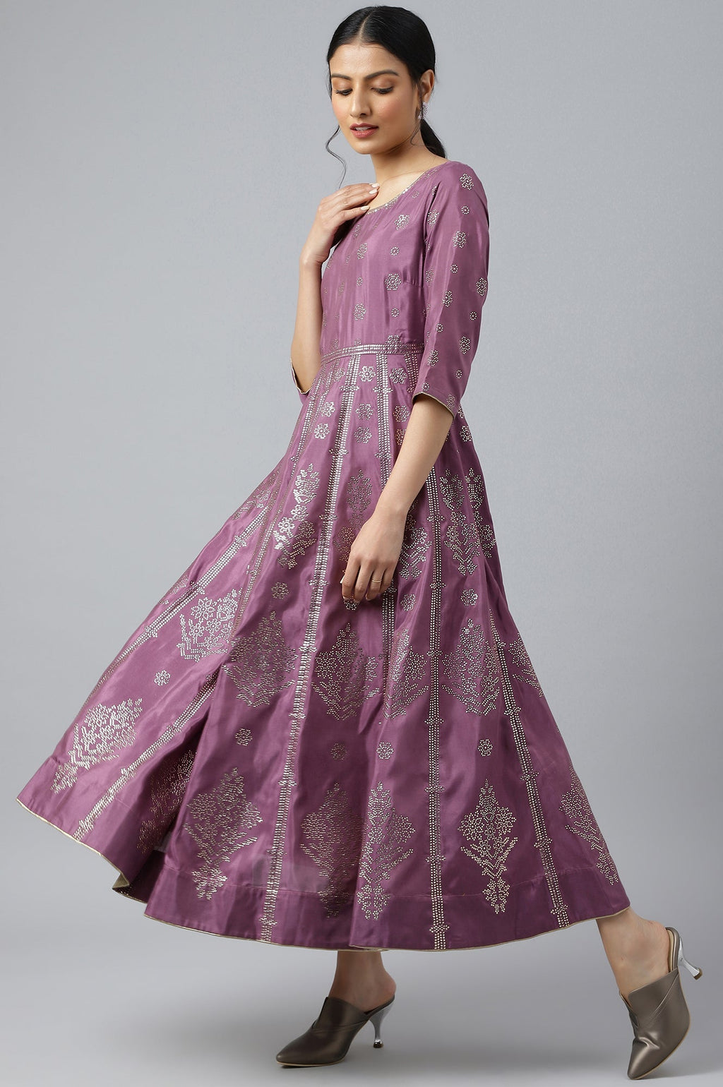 W for Woman Purple Panelled Kalidar Ethnic Dress With Sequin | Grocsy