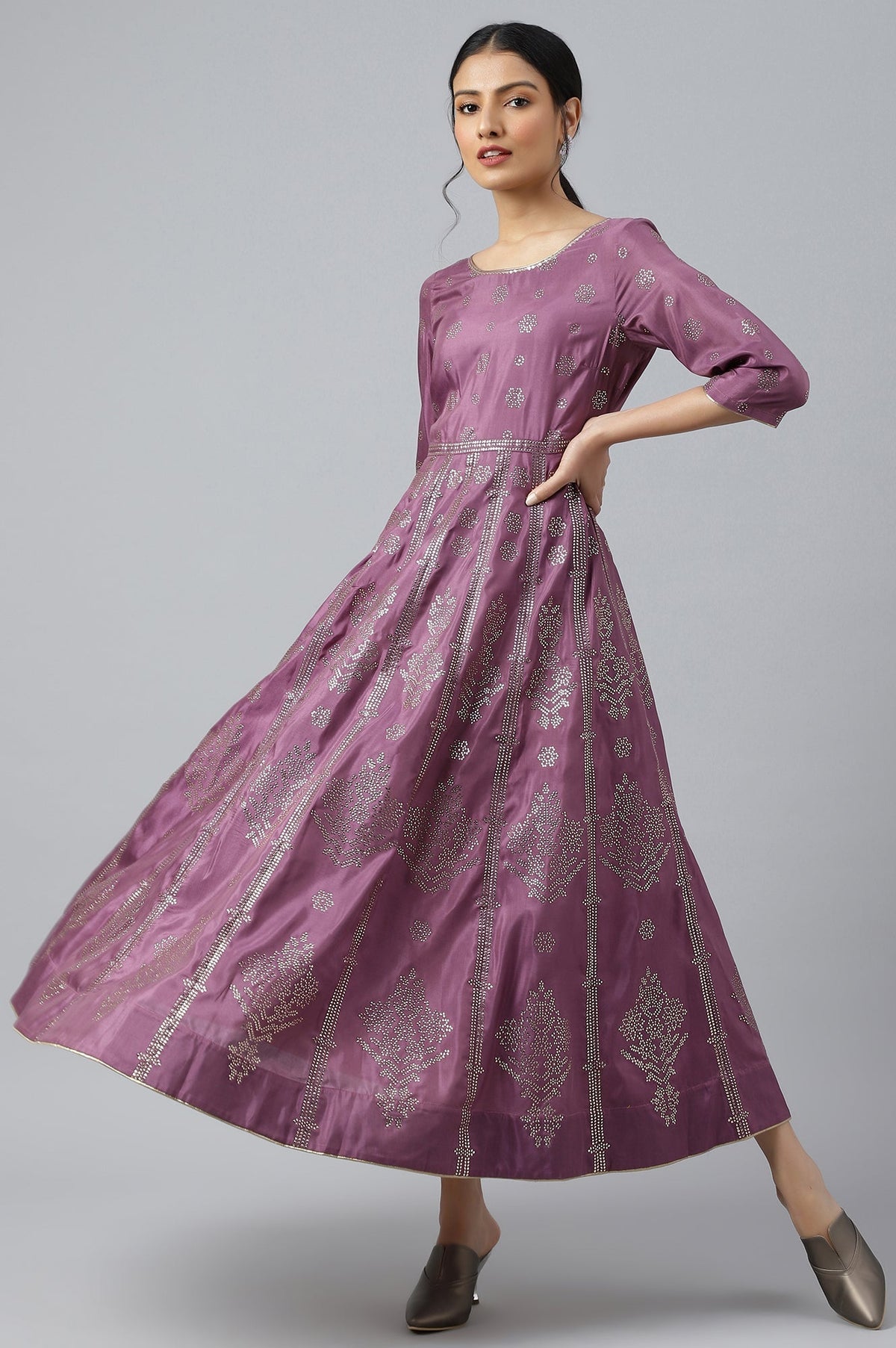 W for Woman Purple Panelled Kalidar Ethnic Dress With Sequin | Grocsy