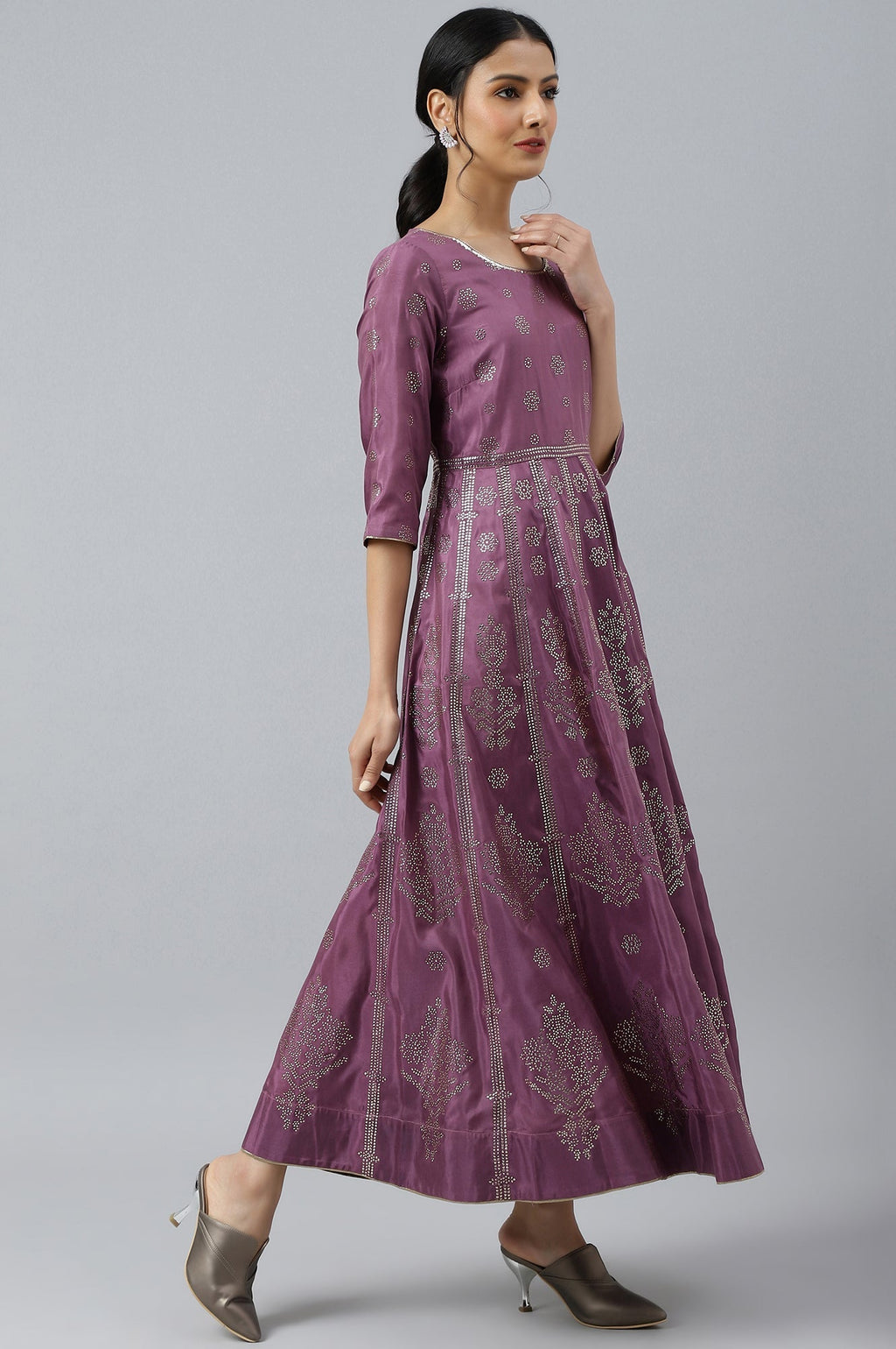 W for Woman Purple Panelled Kalidar Ethnic Dress With Sequin | Grocsy
