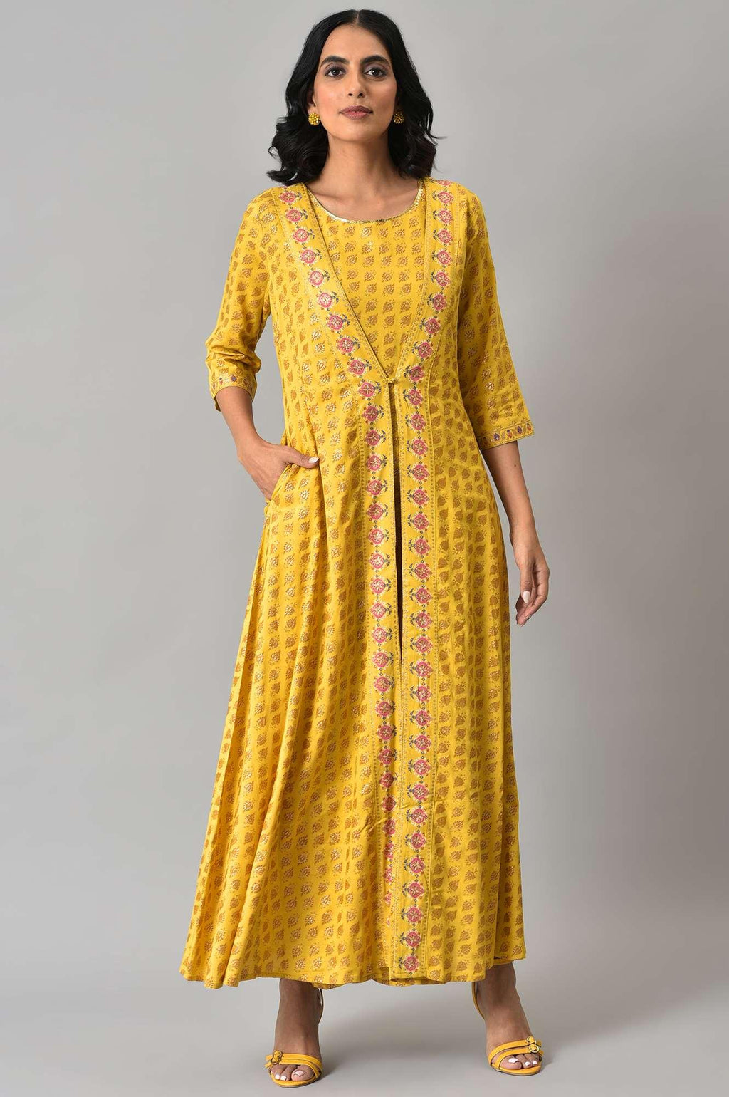 W for Woman Yellow Glitter Printed Mock Layered Embellished Jumpsuit | Grocsy