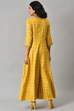 W for Woman Yellow Glitter Printed Mock Layered Embellished Jumpsuit | Grocsy