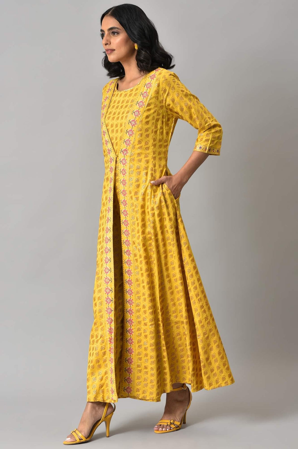 W for Woman Yellow Glitter Printed Mock Layered Embellished Jumpsuit | Grocsy