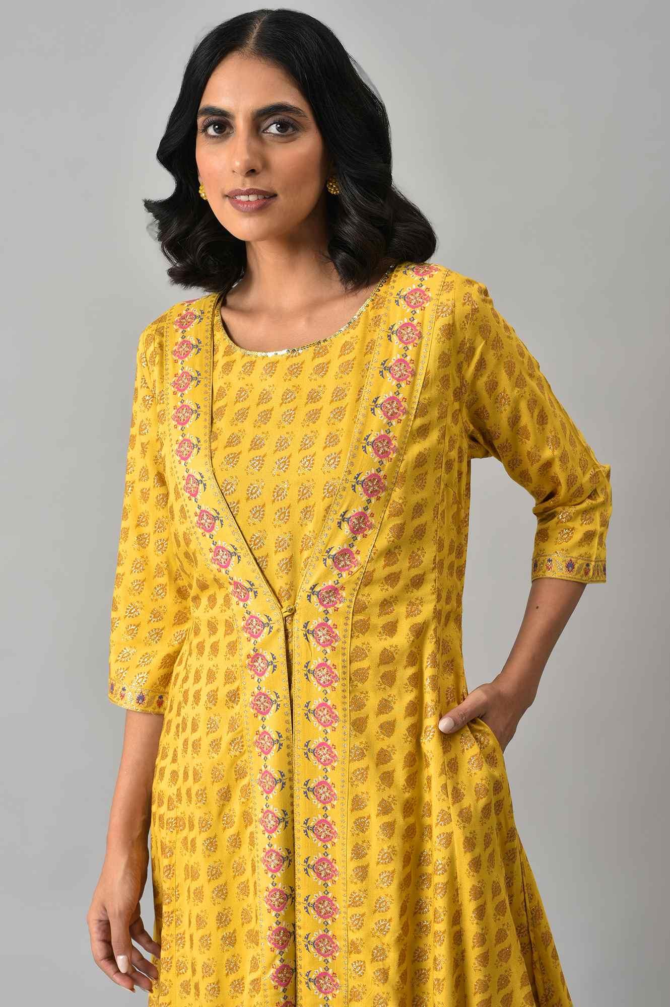 W for Woman Yellow Glitter Printed Mock Layered Embellished Jumpsuit | Grocsy
