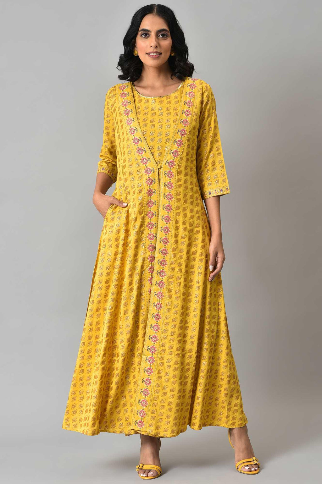 W for Woman Yellow Glitter Printed Mock Layered Embellished Jumpsuit | Grocsy