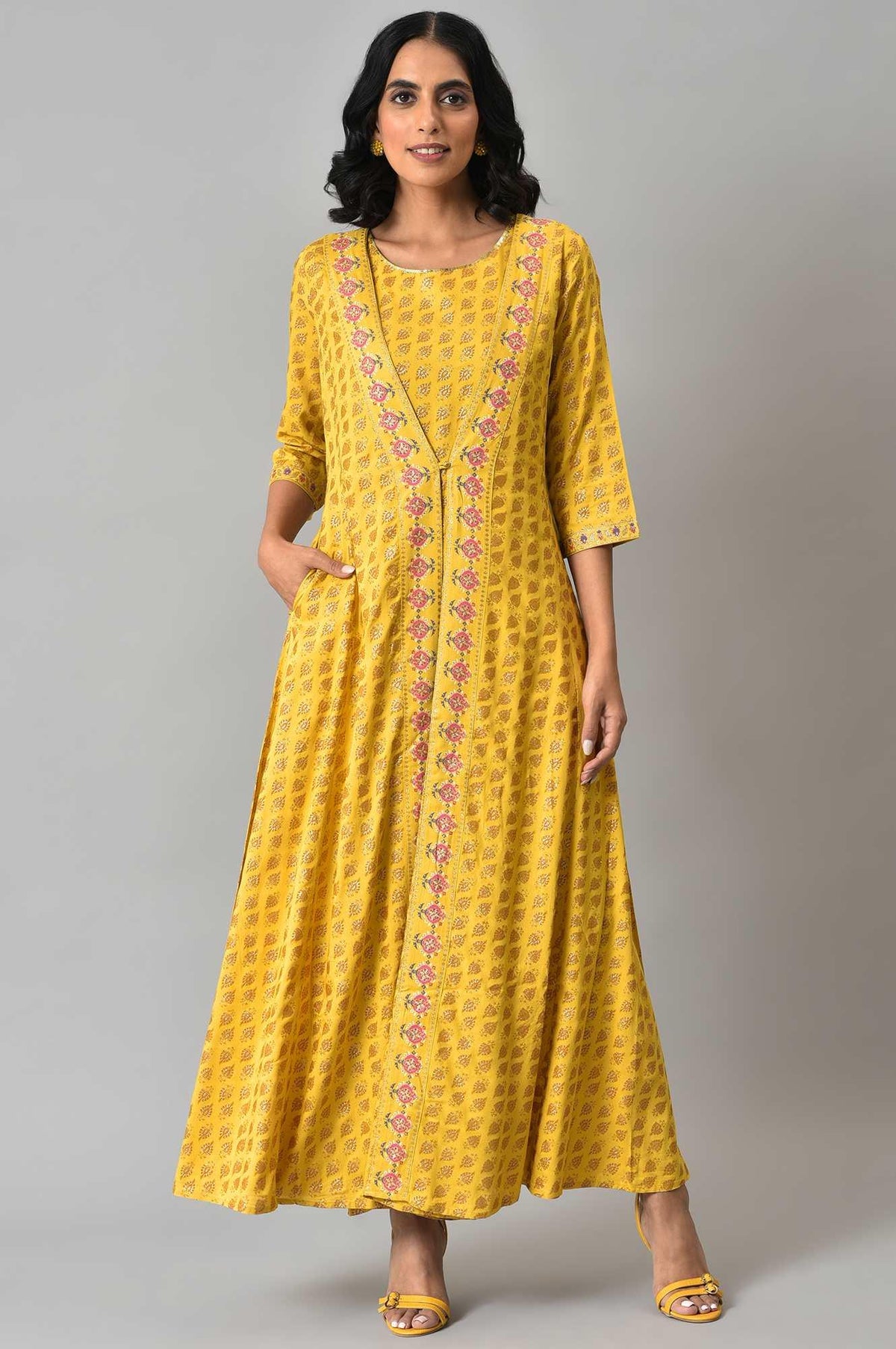 W for Woman Yellow Glitter Printed Mock Layered Embellished Jumpsuit | Grocsy