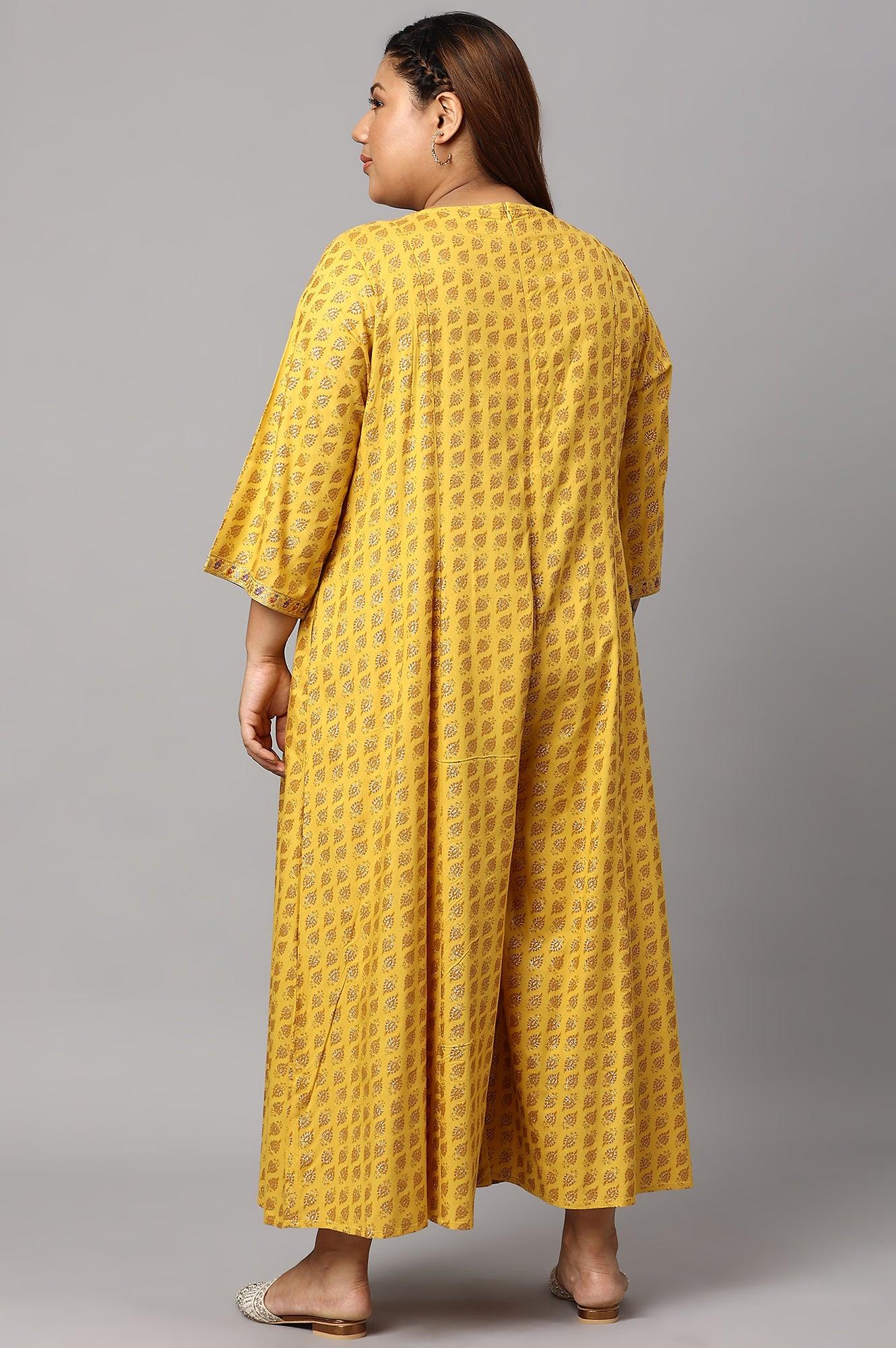 W for Woman Yellow Glitter Printed Mock Layered Embellished Plus Size Kimono Jumpsuit | Grocsy