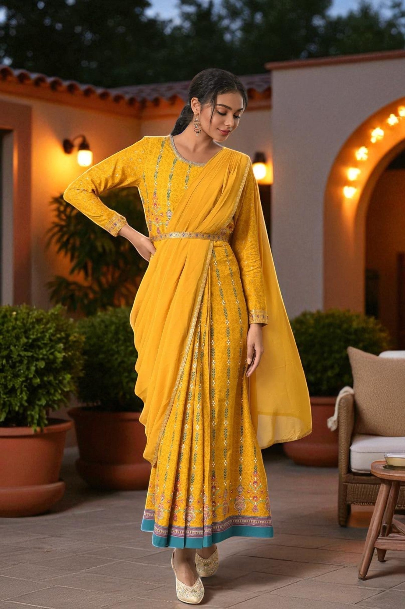 W for Woman Yellow Glitter Printed Festive Pre-drape Saree Dress with Belt | Grocsy
