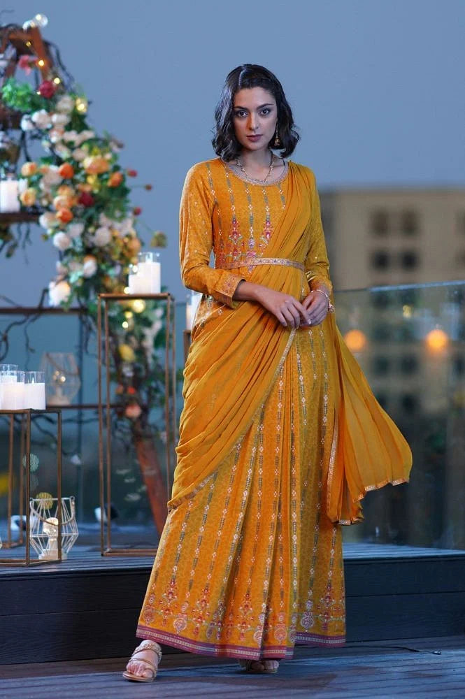 W for Woman Yellow Glitter Printed Festive Pre-drape Saree Dress with Belt | Grocsy
