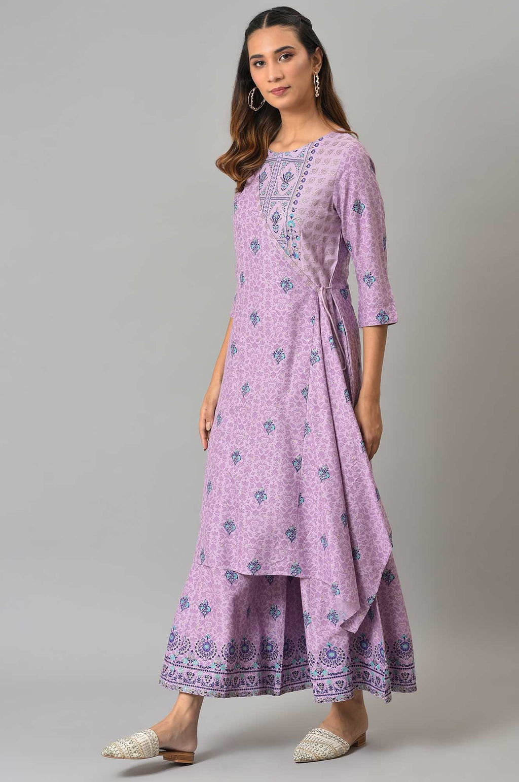 W for Woman Purple Printed Angrakha Jumpsuit | Grocsy
