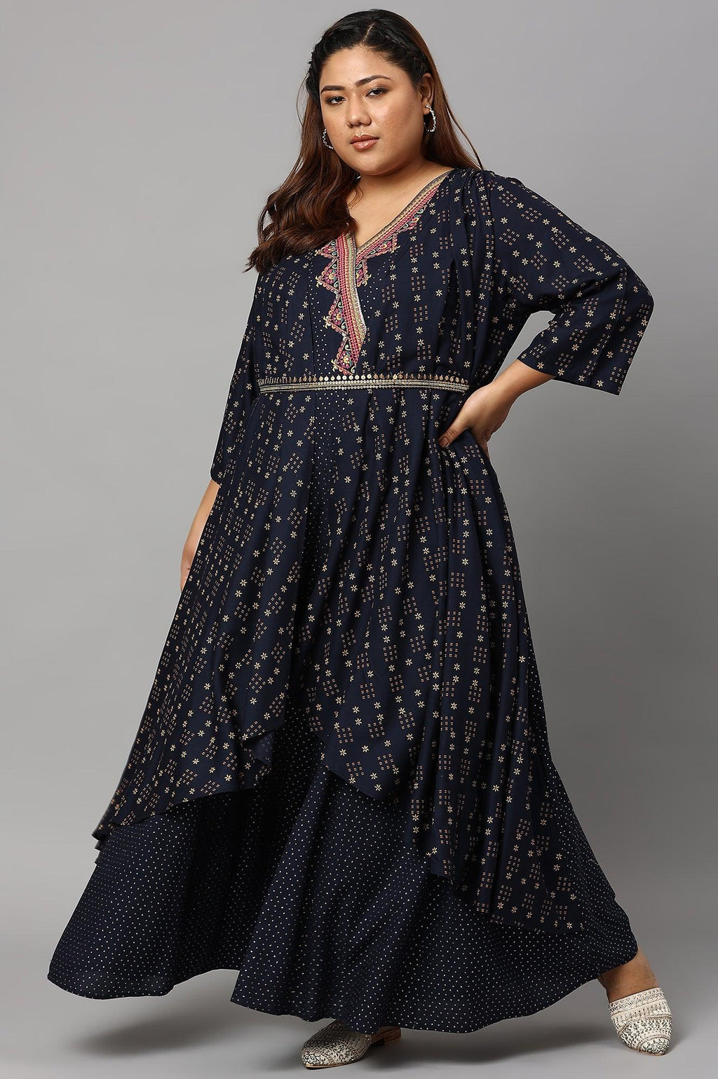 W for Woman Navy Blue Heavy Festive Plus Size Gillet Kimono Jumpsuit | Grocsy