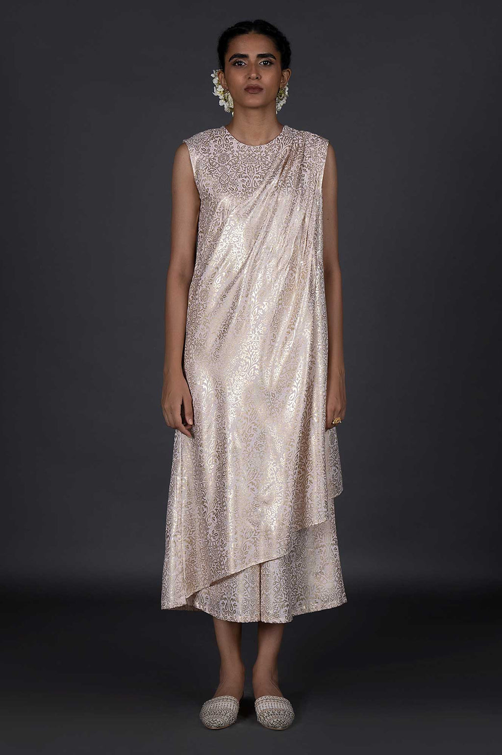 W for Woman Pink Draped Style Festive Printed Jumpsuit | Grocsy